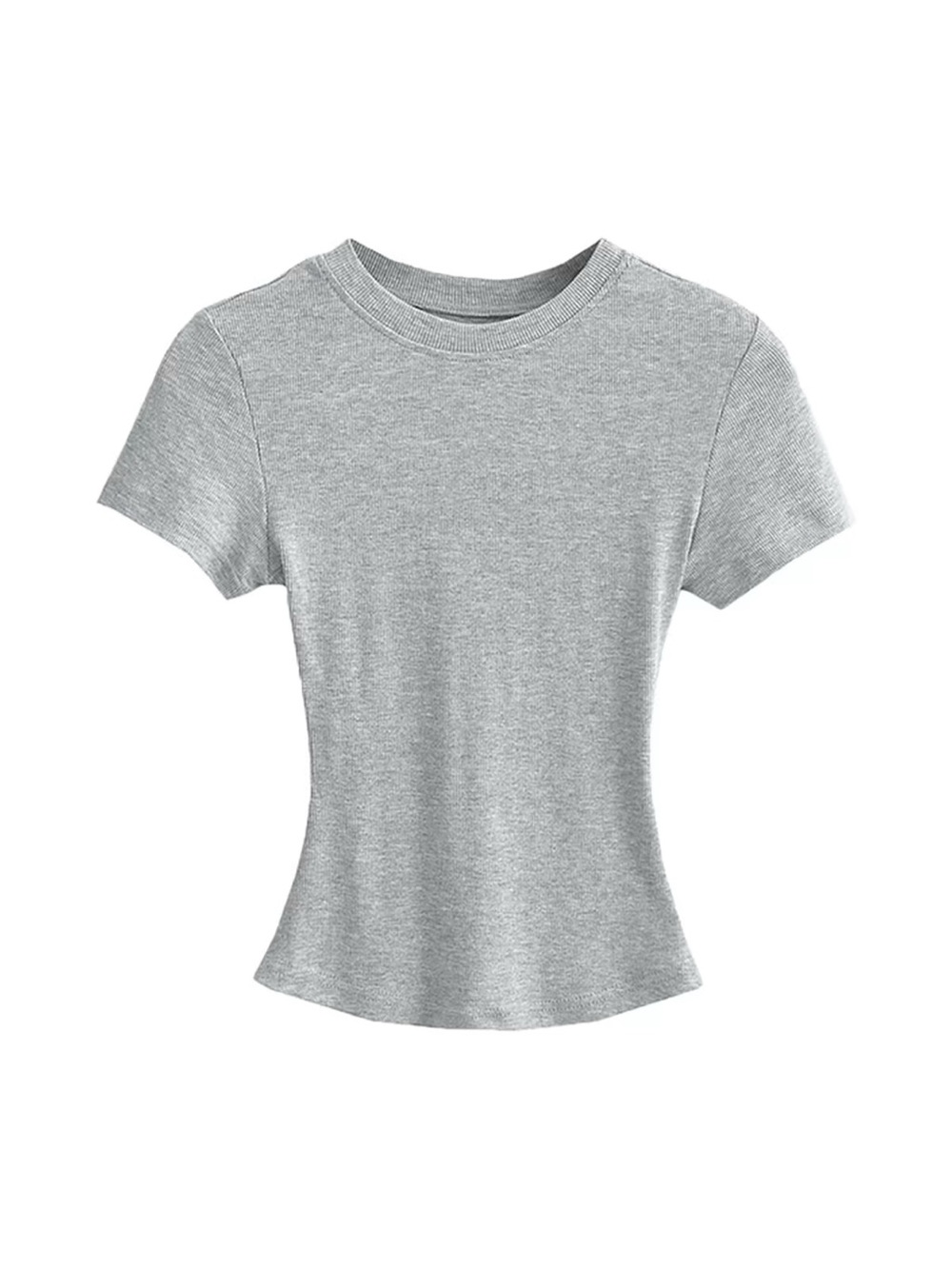 Women’s Gray Ribbed Fitted Crew Neck Short Sleeve T-Shirt Stretch Slim
